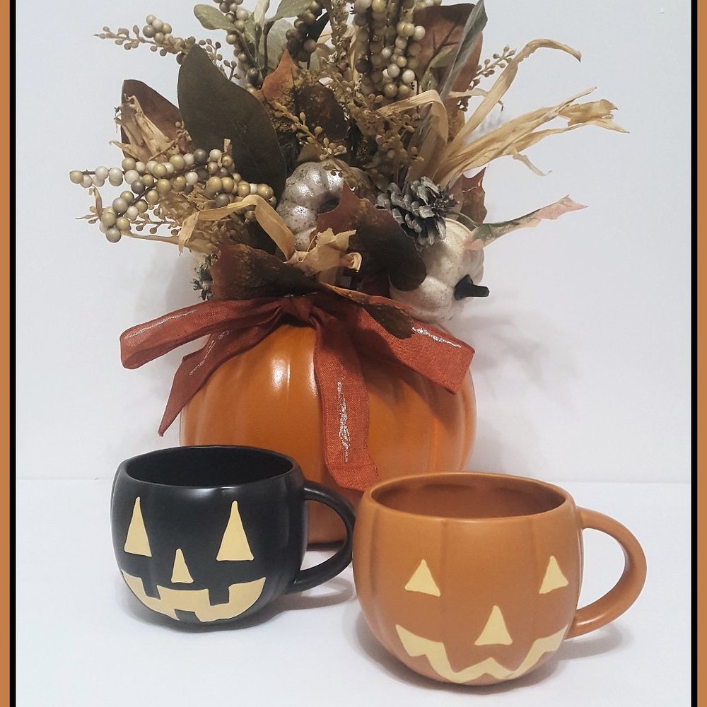 Pottery Barn Black and Orange Jack O Lantern Mugs 16 OZ Stoneware
